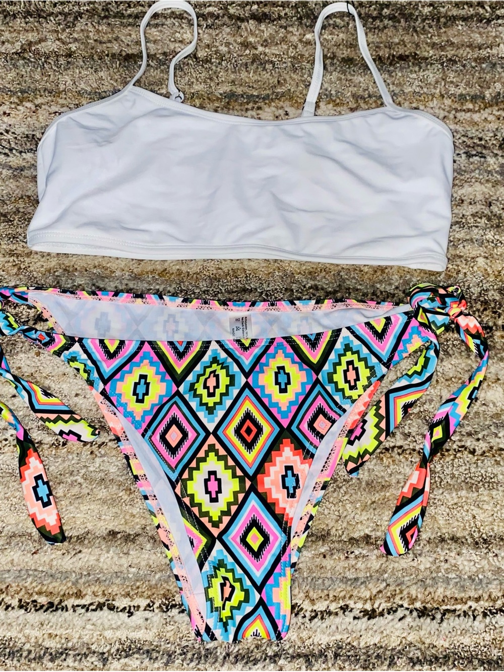 White Bikini Top with Multicolor Aztec Print Tie-Side Bottoms Two Pc